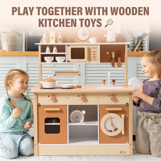 Large Kids Play Kitchen Set – Wooden Pretend Play Toy with Accessories