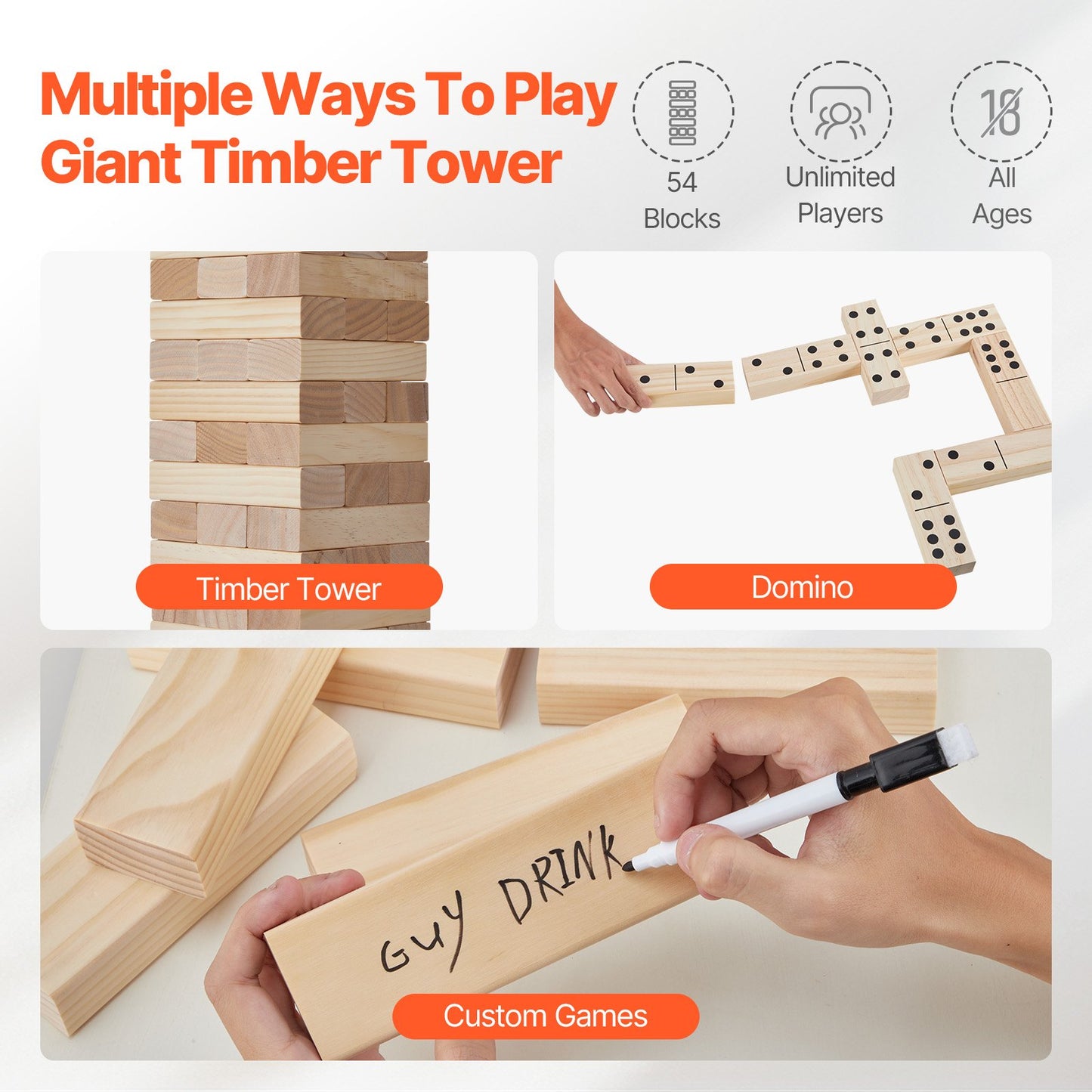 Montessori Wooden Tumbling Tower Game (54-Piece Pine Wood Balance Blocks)