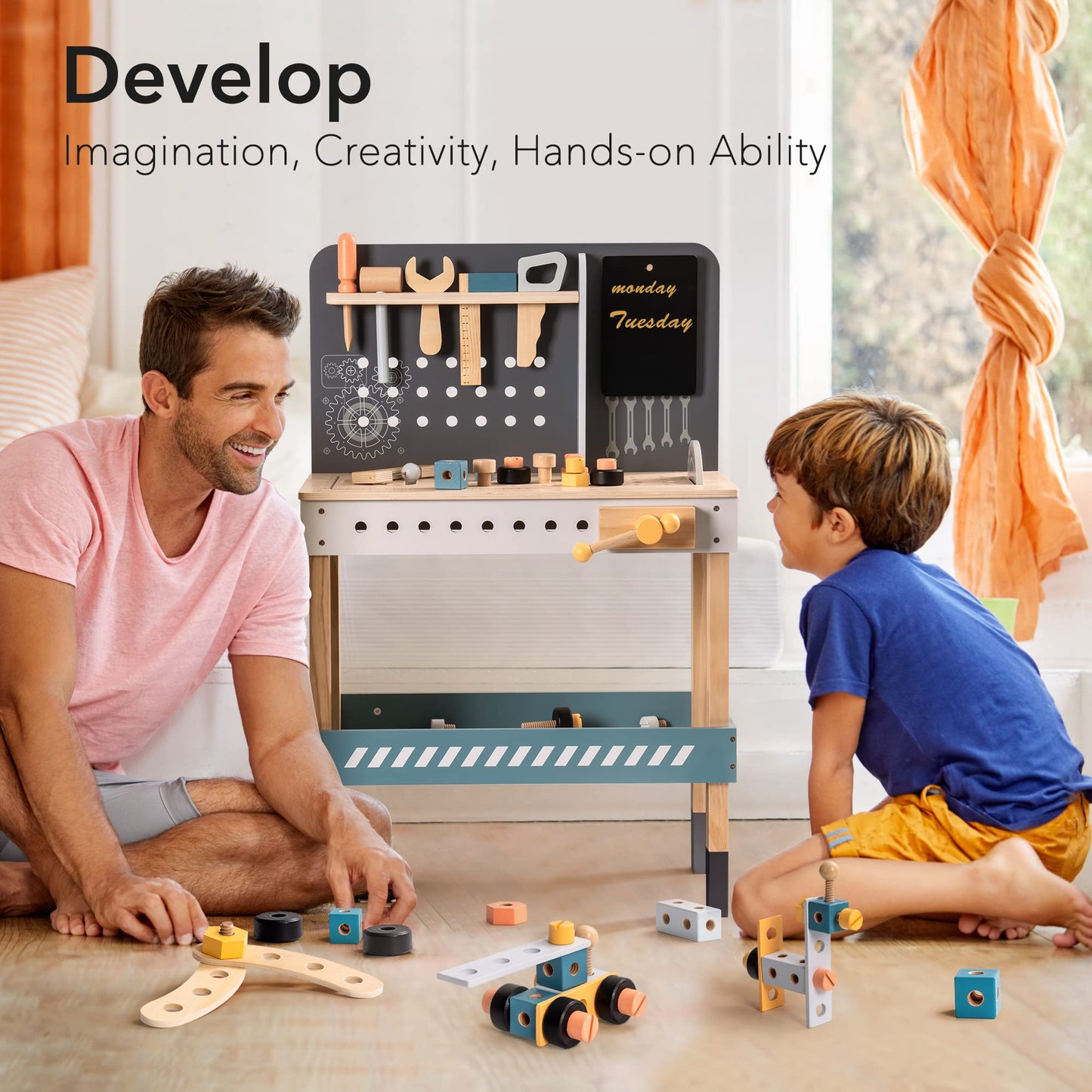 Wooden Tool Bench for Kids – Montessori Play Workbench with Tool Set