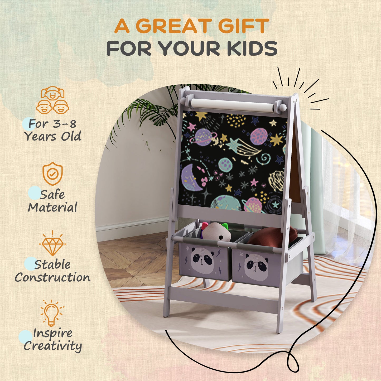 3-in-1 Kids Art Easel with Paper Roll, Chalkboard & Whiteboard