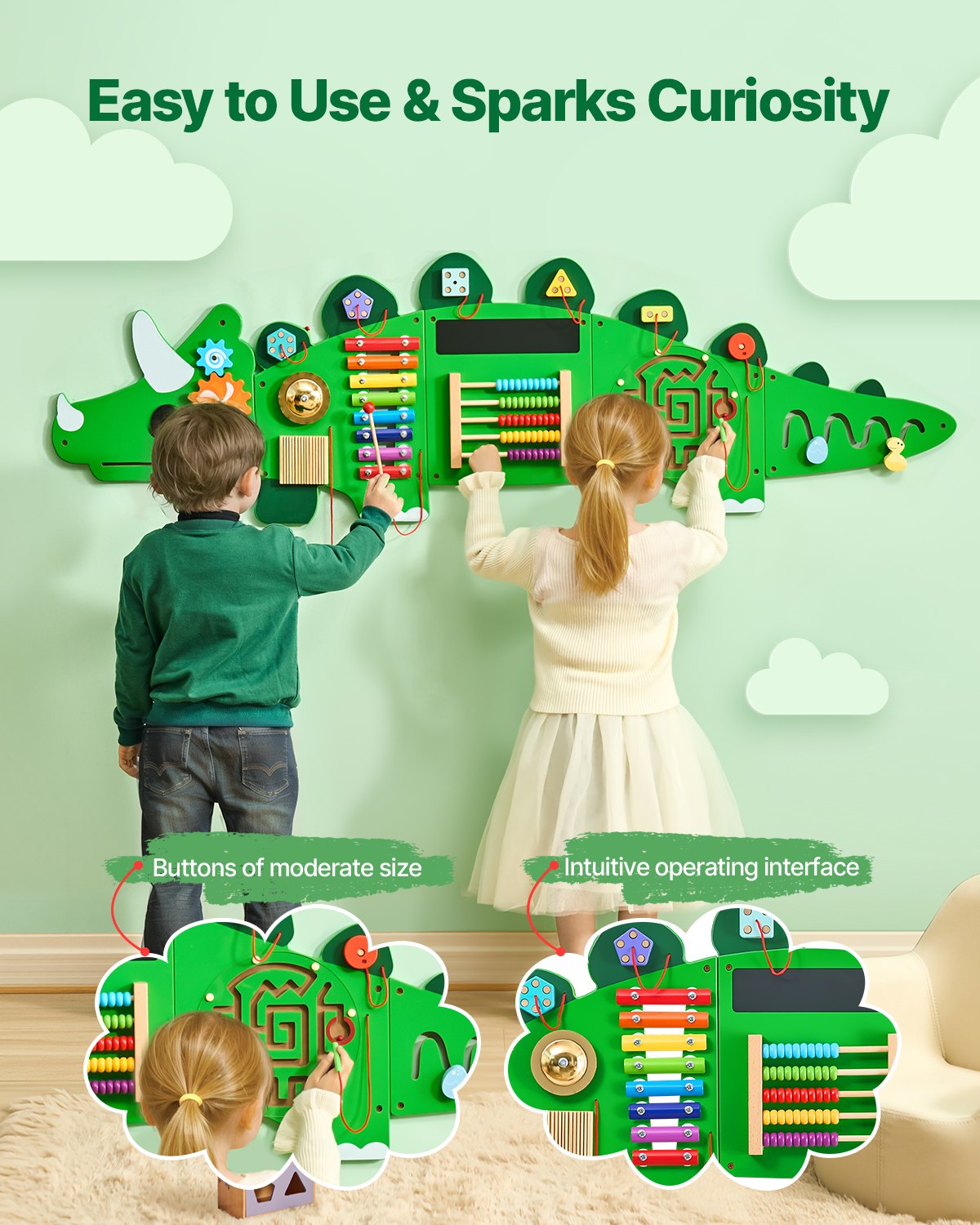 Montessori Dinosaur Activity Wall Busy Board – Sensory Panel with 11 Activities