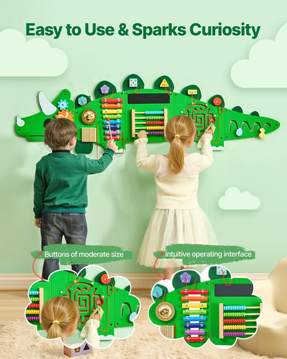 Montessori Dinosaur Activity Wall Busy Board – Sensory Panel with 11 Activities