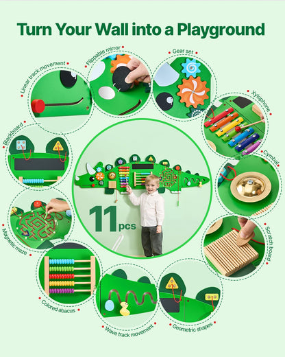 Montessori Dinosaur Activity Wall Busy Board – Sensory Panel with 11 Activities