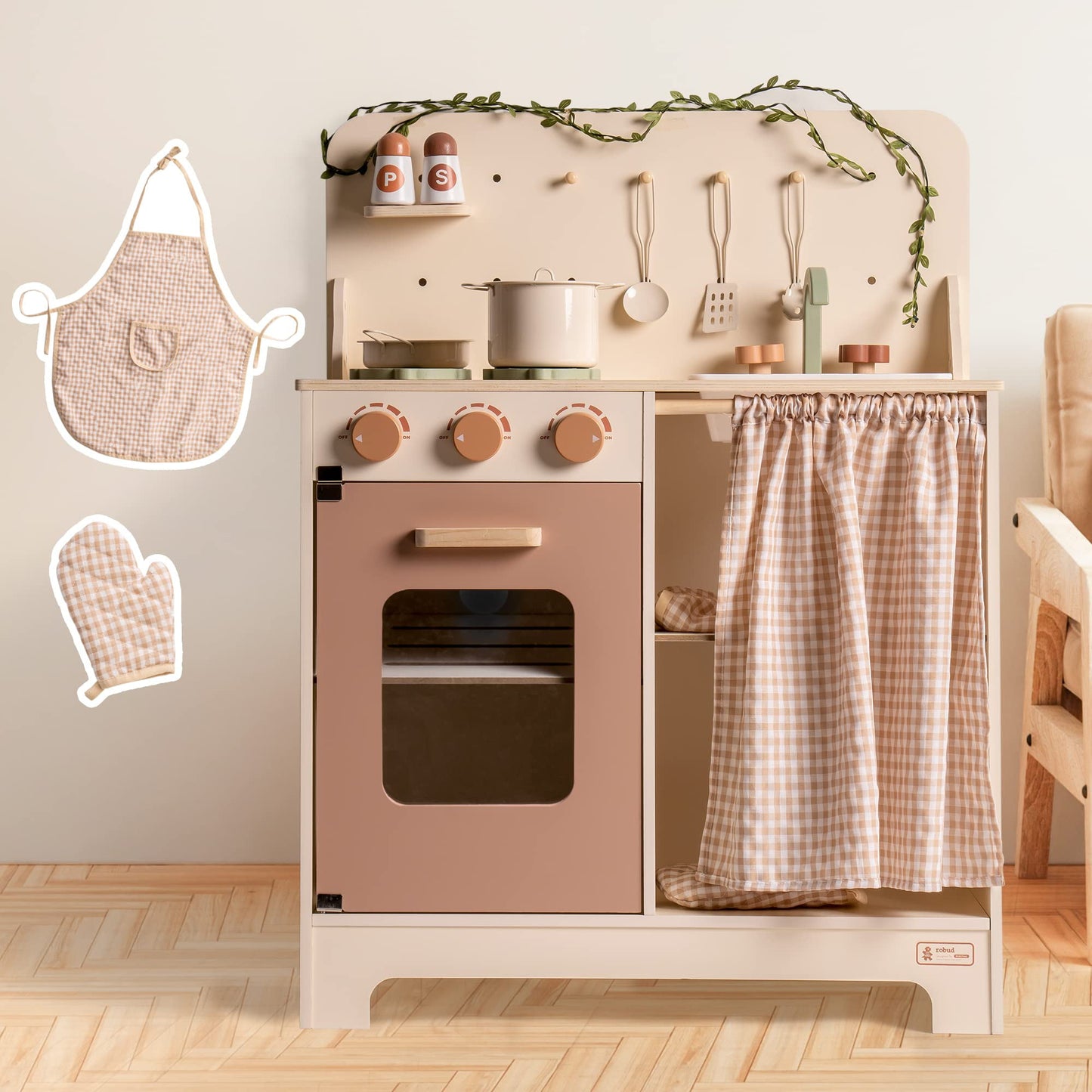 Kids Play Kitchen Set – Rustic Wooden Pretend Play Kitchen for Toddlers