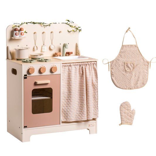 Kids Play Kitchen Set – Rustic Wooden Pretend Play Kitchen for Toddlers