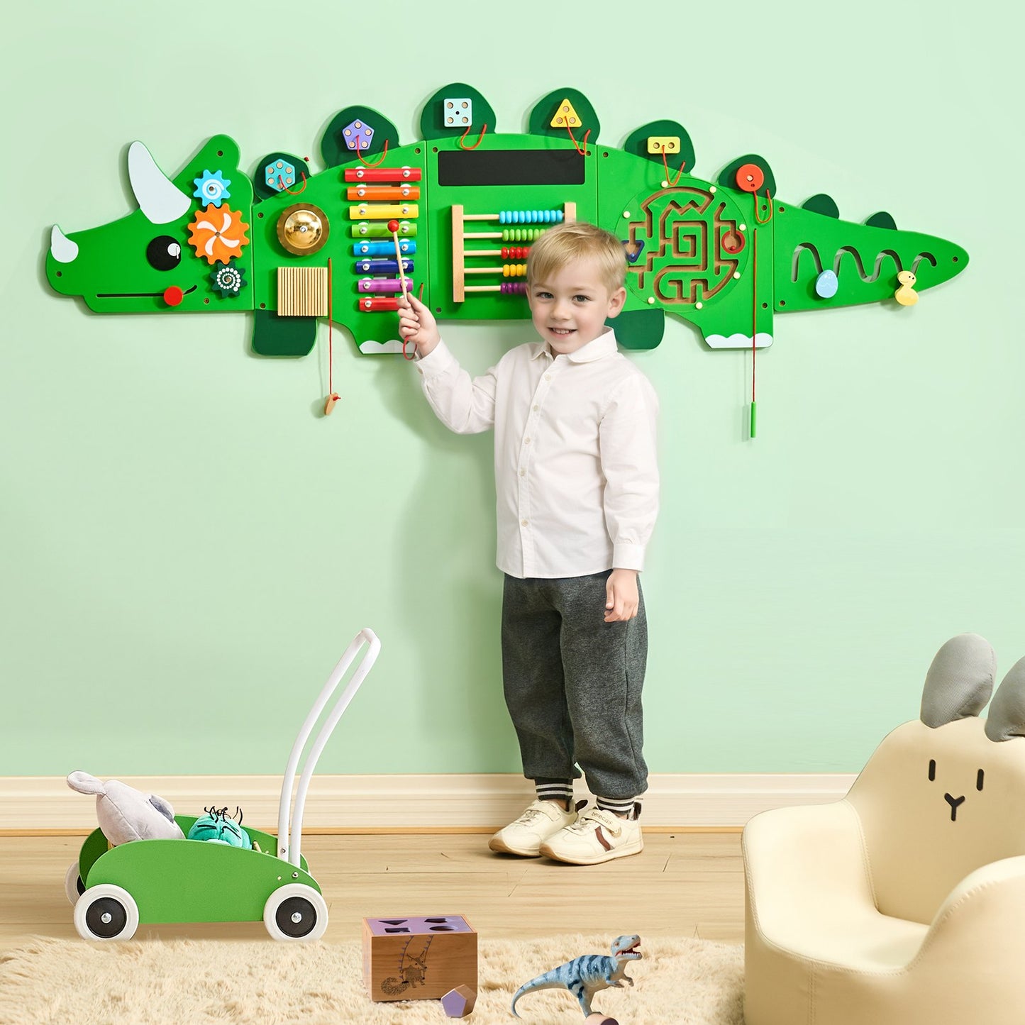 Montessori Dinosaur Activity Wall Busy Board – Sensory Panel with 11 Activities